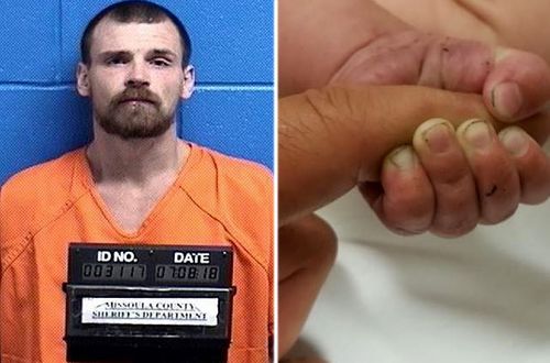Francis Crowley was arrested and charged with criminal endangerment over the incident. Right: the baby's tiny fingernails filled with dirt after his ordeal. (Photo: AP).