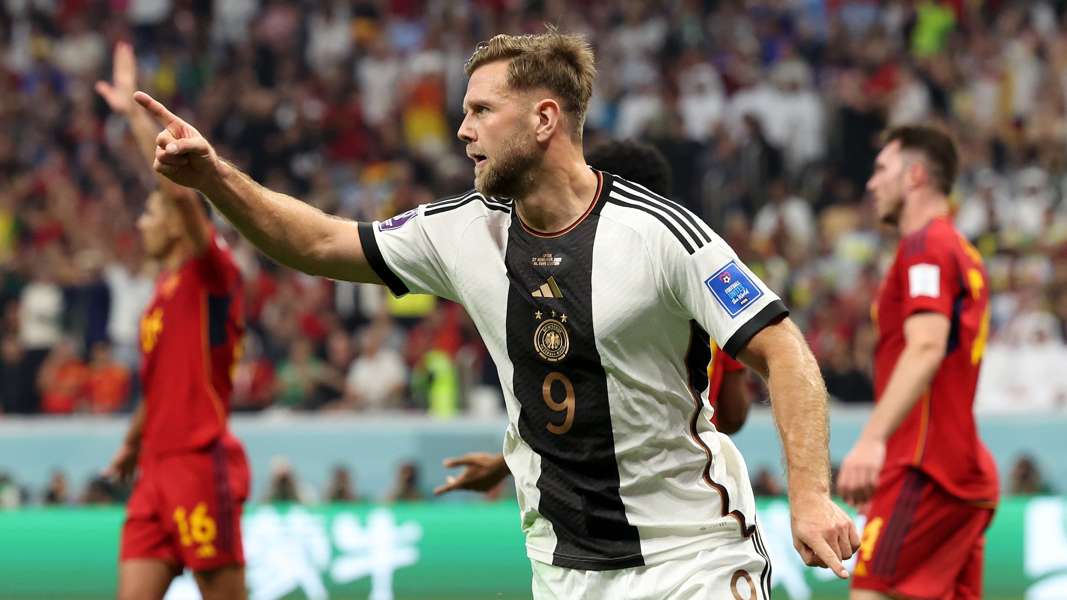 AL KHOR, QATAR - NOVEMBER 27: Niclas Fuellkrug of Germany celebrates after scoring their team&#x27;s first goal during the FIFA World Cup Qatar 2022 Group E match between Spain and Germany at Al Bayt Stadium on November 27, 2022 in Al Khor, Qatar. (Photo by Alexander Hassenstein/Getty Images)