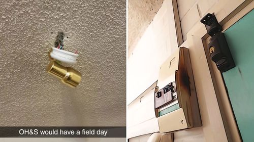 Smoke detectors hanging from the ceiling and a burnt out fuse box, as shown in Redan Apartments customer photos. 