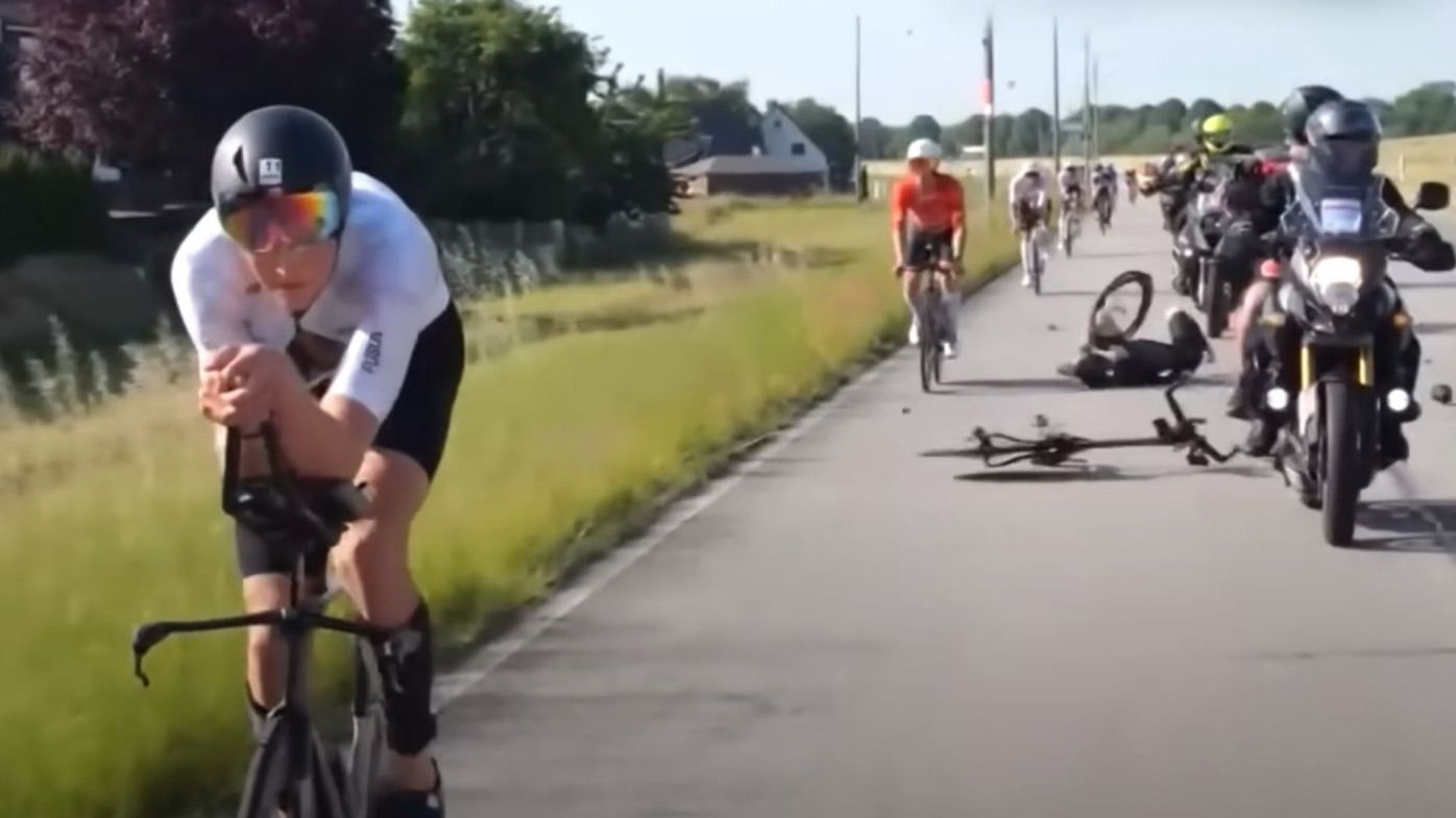 The Hamburg Ironman was marred by a crash between a competitor and a support motorcycle.