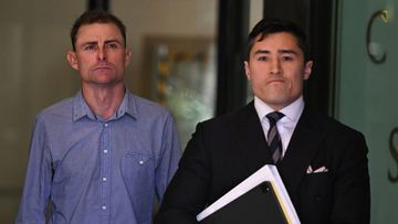 Daniel Muston (left) leaves Downing Centre Local Court in Sydney