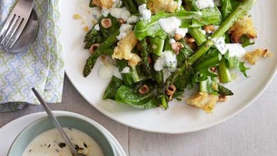 Roast asparagus, chicory and goat's cheese salad