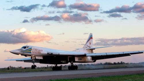 Russia's strategic bomber Tu-160, the largest supersonic bomber in the world, lands at Engels Air Base near Saratov, about 700km southeast of Moscow, Russia.