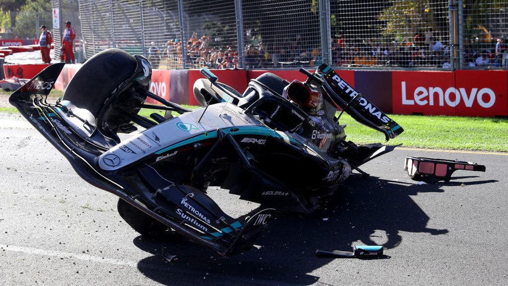 The car of George Russell after he crashed at Albert Park.