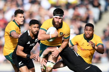 Liam Wright of the Wallabies is tackled during the Bledisloe Cup in 2020.