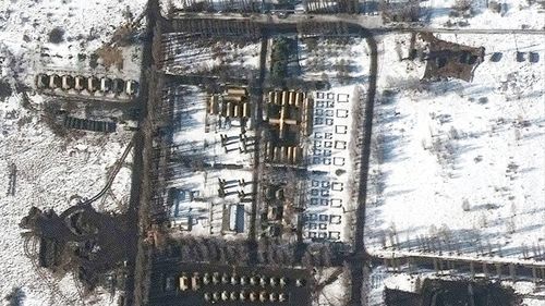 Satellite imagery provided by Maxar Technologies shows a close up of field hospital and troop deployment in western Belgorod, Russia as tensions with Ukraine continue to escalate. 