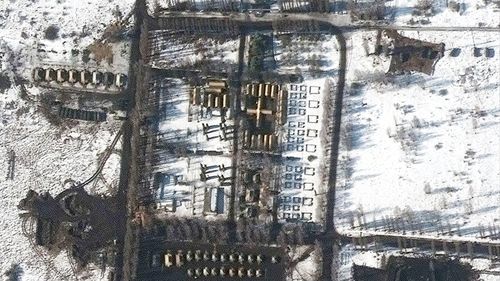 Satellite imagery provided by Maxar Technologies shows a close up of field hospital and troop deployment in  western Belgorod, Russia as tensions with Ukraine continue to escalate. 