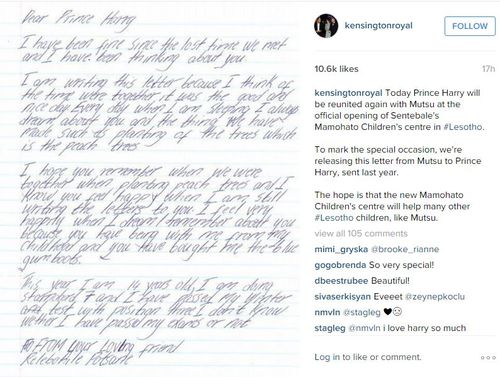 Potsane's letter to the Prince released by Kensington Palace. (Instagram)