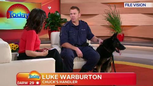 Senior Constable Luke Warburton and his police dog Chuck on the TODAY Show prior to the shooting. (TODAY)