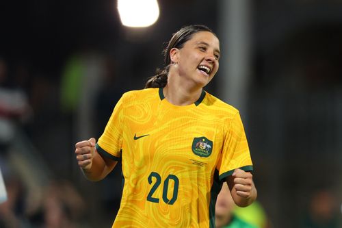 Sam Kerr of the Matildas celebrates her goal during the AFC Women's Asian Olympic Qualifier match between Australia Matildas and Chinese Taipei at HBF Park on November 01, 2023 in Perth, Australia.