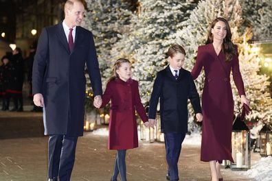 Prince William and Kate, Princess of Wales arriving with their children Princess Charlotte and Prince George for the 'Together at Christmas' Carol Service at Westminster Abbey in London, Thursday, December 15, 2022.