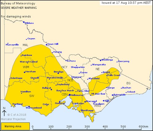 A severe weather warning for damaging winds is currently in place for all Victorian districts.