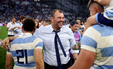 Michael Cheika of Argentina, celebrates with the team following their victory.