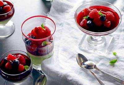 Basil panna cotta with raspberry jelly