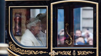  Queen Elizabeth II arriving in a coach to the Houses of Parliament to deliver Queen's Speech