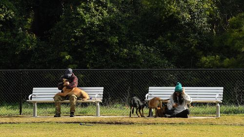 People wearing face masks spend time with their dogs at Fairfield Showgrounds, Sydney.