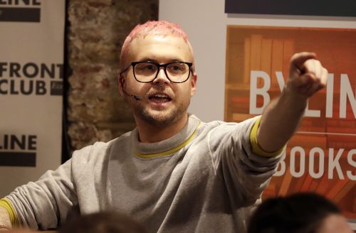 Chris Wylie, from Canada, who once worked for the UK-based political consulting firm Cambridge Analytica, gives a talk at the Frontline Club in London earlier this week. (AAP)