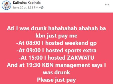 Kabinda Kalimina took to Facebook to deny his outburst was due to drunken behaviour. 