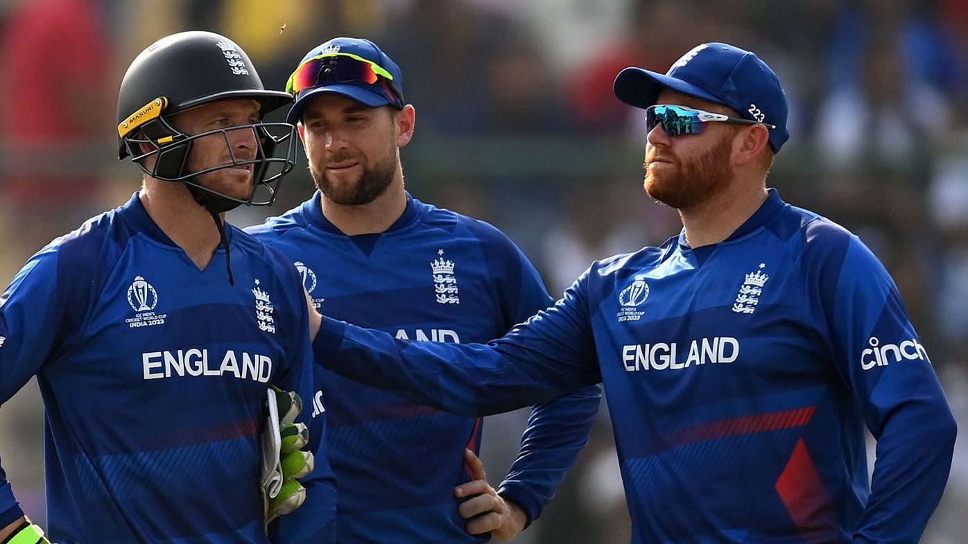 England captain Jos Buttler and his teammates pictured during their shock defeat to Afghanistan.