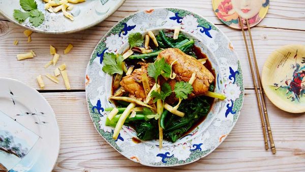 Barramundi poached in Chinese master stock with greens and crunchy noodles. Image: Chang's