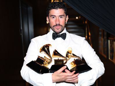 Bad Bunny poses with the Album of the Year, Best Música Urbana Album, and Best Global Music Performance Awards during the 68th GRAMMY Awards at Crypto.com Arena on February 01, 2026 in Los Angeles, California.