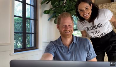 In one clip Meghan joins Harry on a video call.