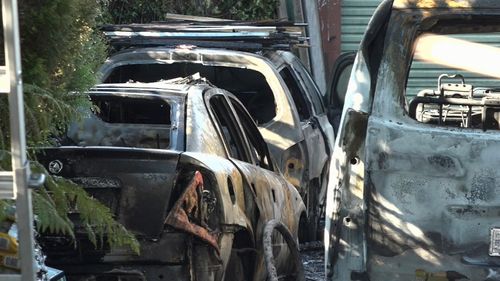 Even the cars in the driveway were left burnt-out wrecks. Picture: 9NEWS