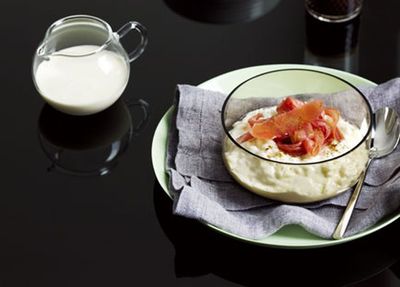 Breakfast risotto with poached rhubarb
