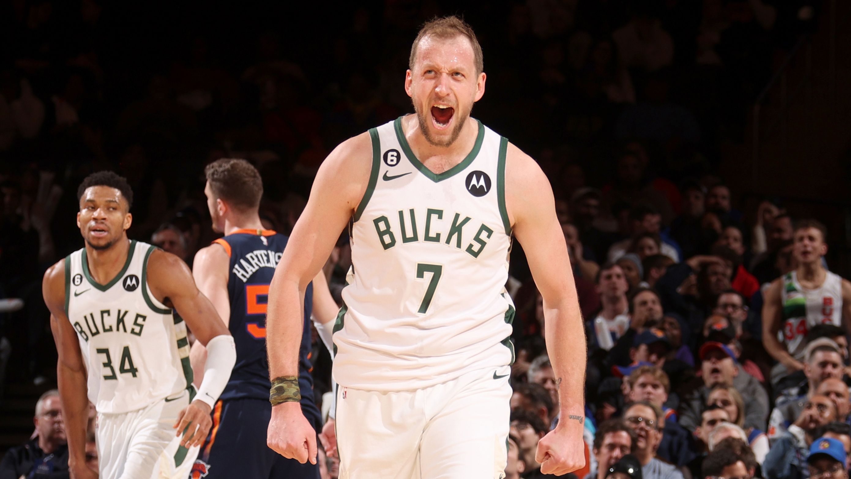 NEW YORK, NY - JANUARY 9: Joe Ingles #7 of the Milwaukee Bucks celebrates a play during the game against the New York Knicks on January 9, 2023 at Madison Square Garden in New York City, New York.  NOTE TO USER: User expressly acknowledges and agrees that, by downloading and or using this photograph, User is consenting to the terms and conditions of the Getty Images License Agreement. Mandatory Copyright Notice: Copyright 2023 NBAE  (Photo by Nathaniel S. Butler/NBAE via Getty Images)