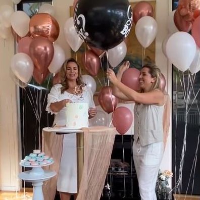 Fiona Falkiner and her fiancée, Hayley Willis host a gender reveal party.