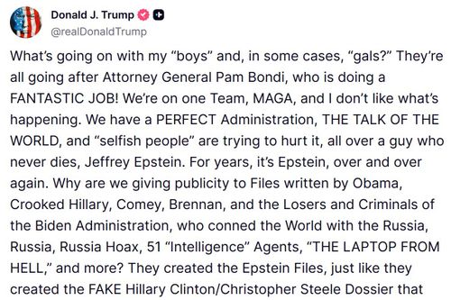 Donald Trump posted a lengthy message on Truth Social in support of Pam Bondi.