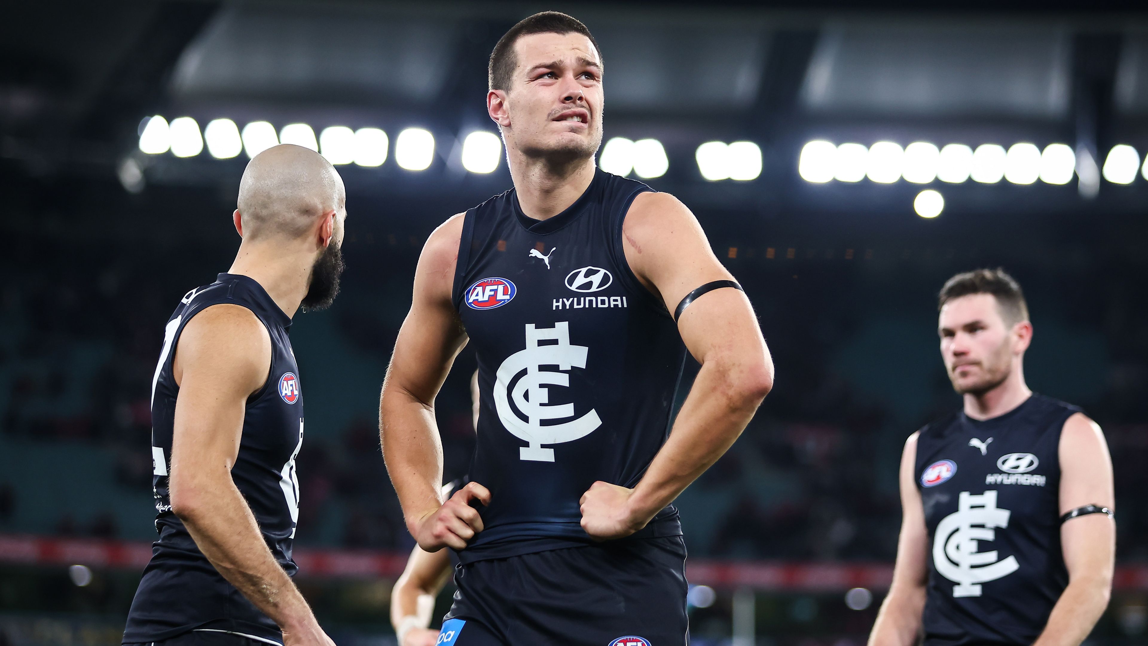 MELBOURNE, AUSTRALIA - JUNE 11: Jack Silvagni of the Blues looks dejected after a loss during the 2023 AFL Round 13 match between the Carlton Blues and the Essendon Bombers at the Melbourne Cricket Ground on June 11, 2023 in Melbourne, Australia. (Photo by Dylan Burns/AFL Photos via Getty Images)