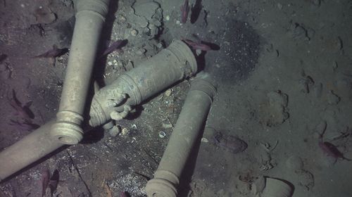 To confirm the wreck’s identity, REMUS descended to just 30 feet above the wreck where it was able to capture photos of a key distinguishing feature of the San José—its cannons. (REMUS image, Woods Hole Oceanographic Institution)