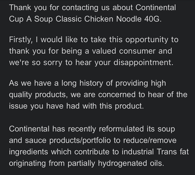 customer emails continental chicken noodle soup
