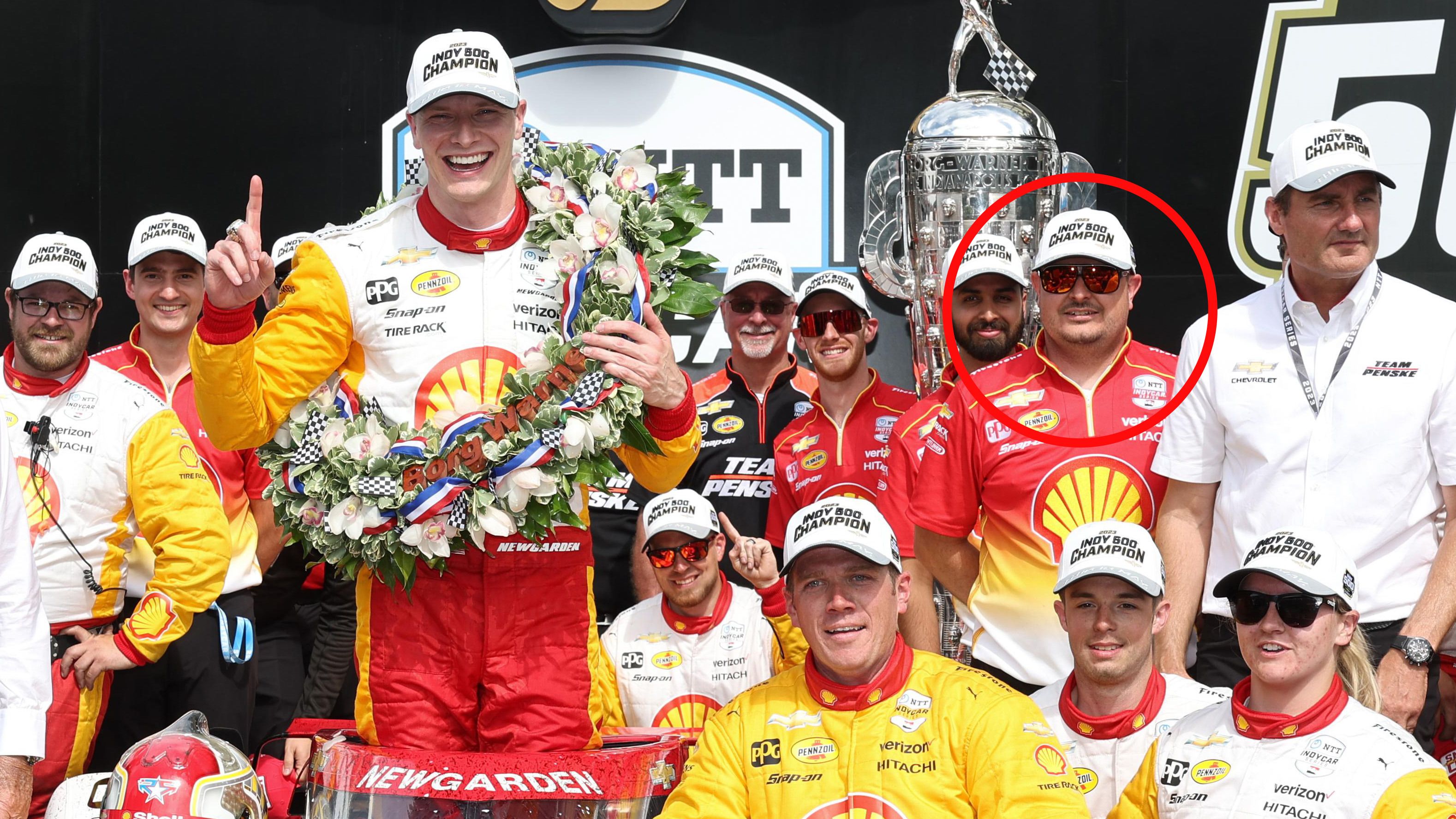Luke Mason (circled) celebrates with Team Penske after Josef Newgarden won the Indianapolis 500.