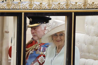  King Charles III and Queen Camilla during Trooping the Colour at Horse Guards Parade on June 15, 2024 in London, England. Trooping the Colour is a ceremonial parade celebrating the official birthday of the British Monarch. 