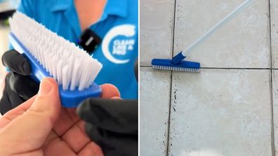 Clean Like a Pro grout transformed with Oates long handle grout cleaning brush and Pro Degreaser