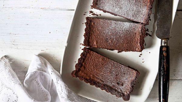 Salted silky double chocolate tart