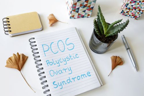 PCOS Polycystic ovary syndrome written in a notebook on white table