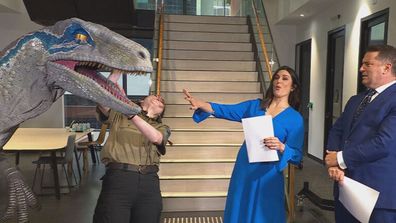 Karl Stefanovic Sarah Abo Jurassic World Blue velociraptor jump scare Today offices