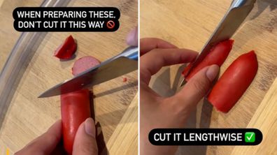 Tiny Hearts Education shows the wrong and right way to cut a hot dog or Frankfurt