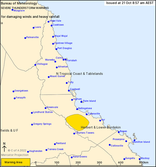A severe thunderstorm is moving north of Charters Towers.