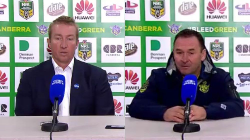 Canberra's Ricky Stuart and Sydney Roosters' Trent Robinson trade barbs after Raiders win