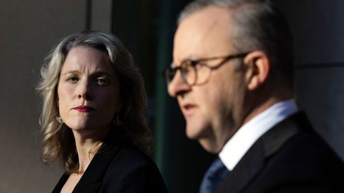 Minister for Home Affairs and Cyber Security Clare O'Neil and Prime Minister Anthony Albanese during a press conference