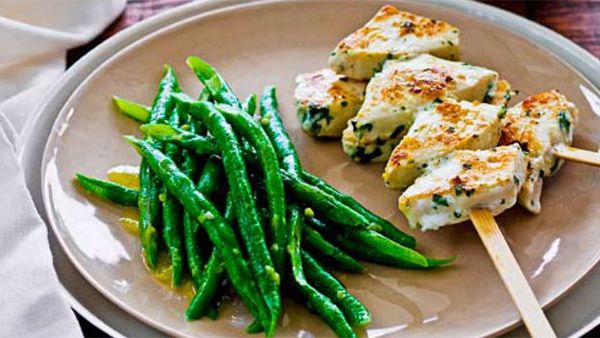 Swordfish kebabs with wasabi snake beans & rice