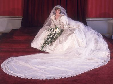 Formal portrait of Lady Diana Spencer (1961 - 1997) in her wedding dress designed by David and Elizabeth Emanuel.  