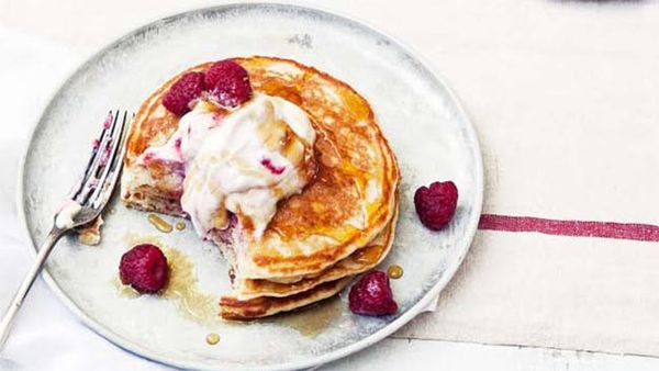 Buttermilk pancakes with raspberry ricotta & maple syrup