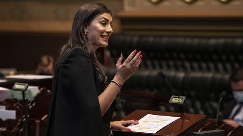 Minister for Small Business Eleni Petinos speaks during Question Time at State Parliament House.  Photo: Wolter Peeters, 16th February 2022, The Sydney Morning Herald.