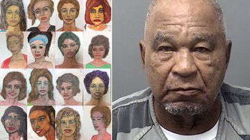 Samuel Little and sketches of his alleged victims.