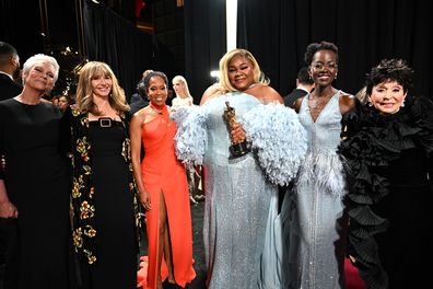 HOLLYWOOD, CALIFORNIA - MARCH 10: In this handout photo provided by A.M.P.A.S.,  Jamie Lee Curtis, Mary Steenburgen, Regina King, Da'Vine Joy Randolph, Lupita Nyong'o, and Rita Moreno are seen backstage during the 96th Annual Academy Awards at Dolby Theatre on March 10, 2024 in Hollywood, California. (Photo by Al Seib/A.M.P.A.S. vi (Photo by Richard Harbaugh/A.M.P.A.S. via Getty Images)